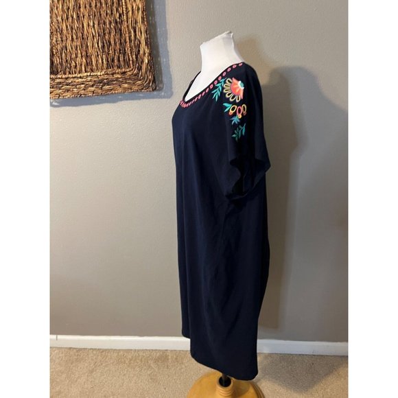 Talbots Dress 3X Blue Embroidered Short Tie Sleeve Cotton Washable - Picture 10 of 14